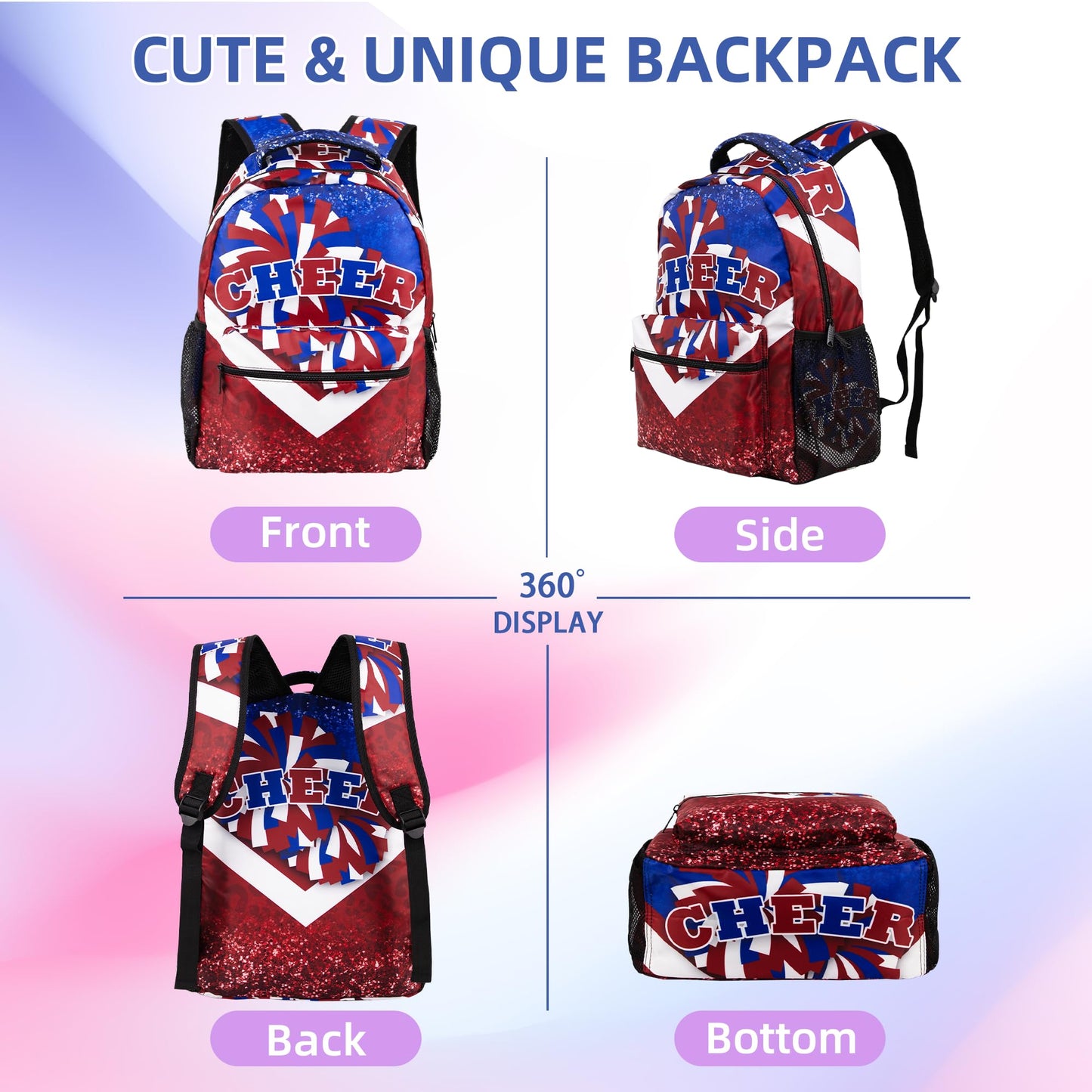 HJKLONE Cheer Backpack for Cheerleaders, Cheerleader Backpack for Women, Cheerleading Gifts for Teams (Blue&Red)