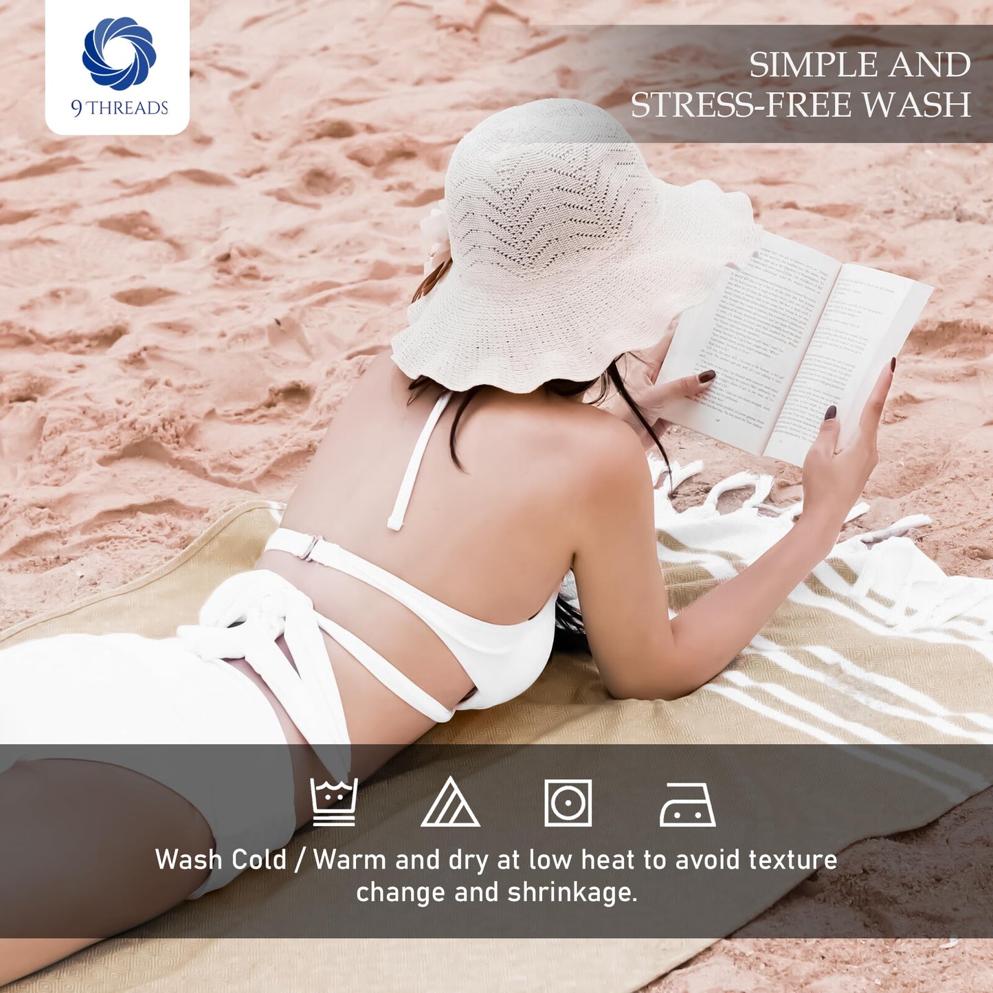 9Threads Cotton Turkish Beach Towel with Towels Oversized 36"x72" Pool Absorbent Extra Large Quick Dry Sand Travel Towel (Beige, 4 Pack)