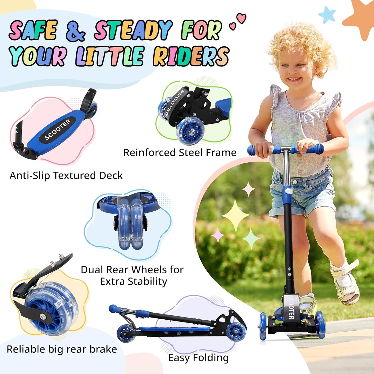 Skiennix Kick Scooter for Kids | Light-Up Three-Wheel Design, Adjustable Height, Foldable, Ages 3-7, Up to 120 Lbs