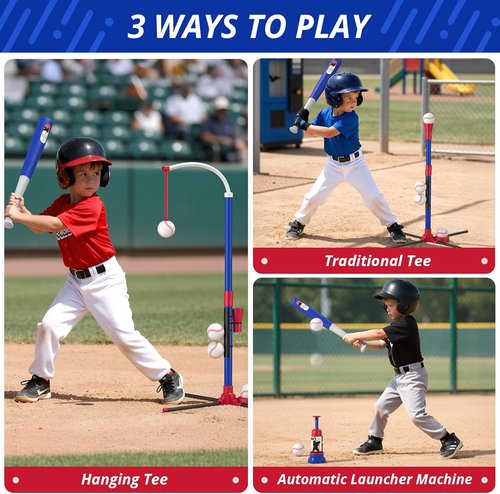 HYES 3-in-1 Baseball Set for Kids 3-5 | Adjustable Tee Ball Stand & Ball Launcher - Indoor/Outdoor Fun, Blue