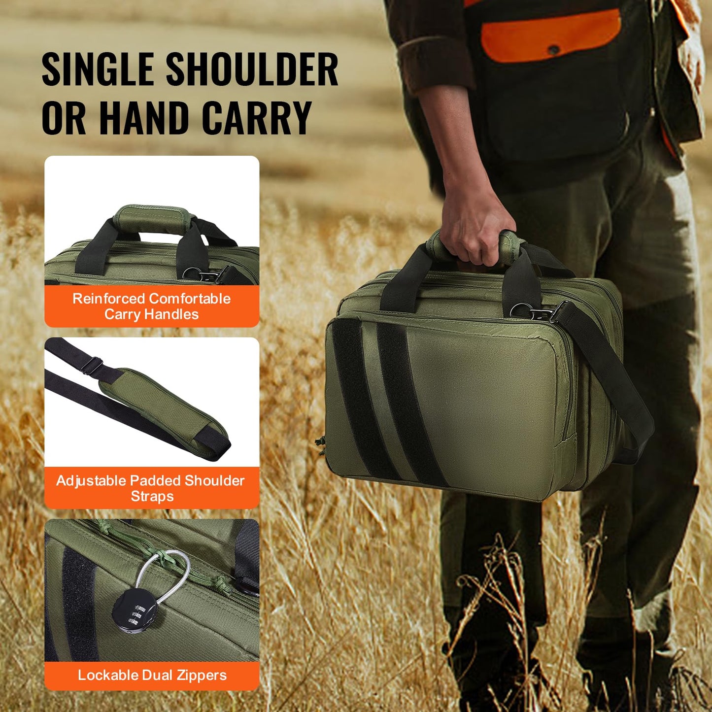 VEVOR Gun Bag with Detachable Baffles & 6 Magazines Shooting Handgun Bag for Outdoor Hunting Shooting Pistol Bag Case (2 Removable Pistol Bags, Green, 13 x 7.9 x 9.1 in)