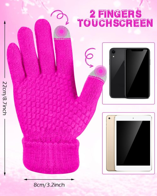 4 Pcs Winter Beanie Hat Gloves Set Pom Knit Unisex Warm Fleece Lined Hat Touchscreen Gloves for Women Men Couples Friends(White and Pink)