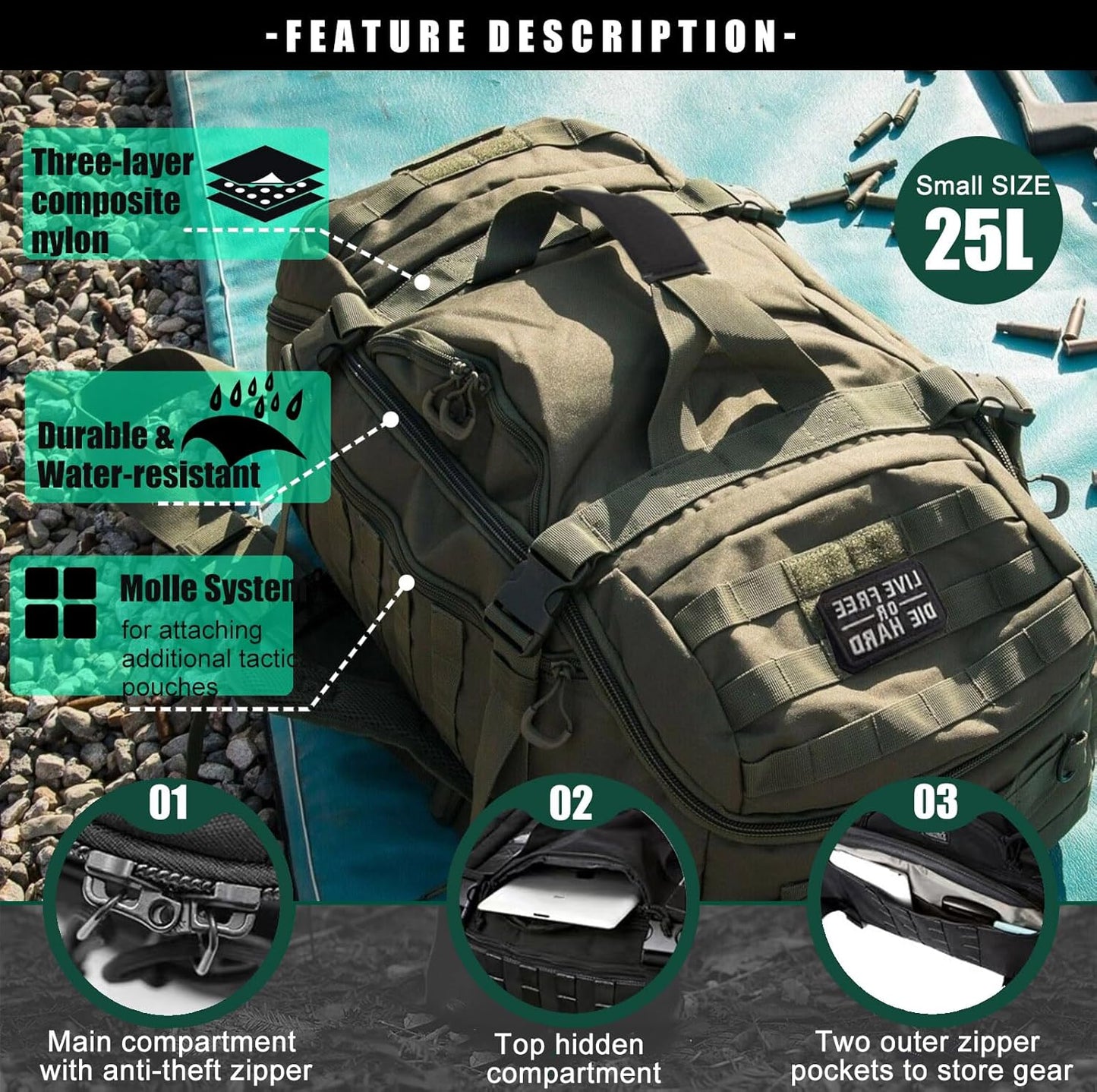 Miramrax Travel Duffle Bag - Large Tactical Backpack for Men | 25L Gym & Overnight Bag (Green)