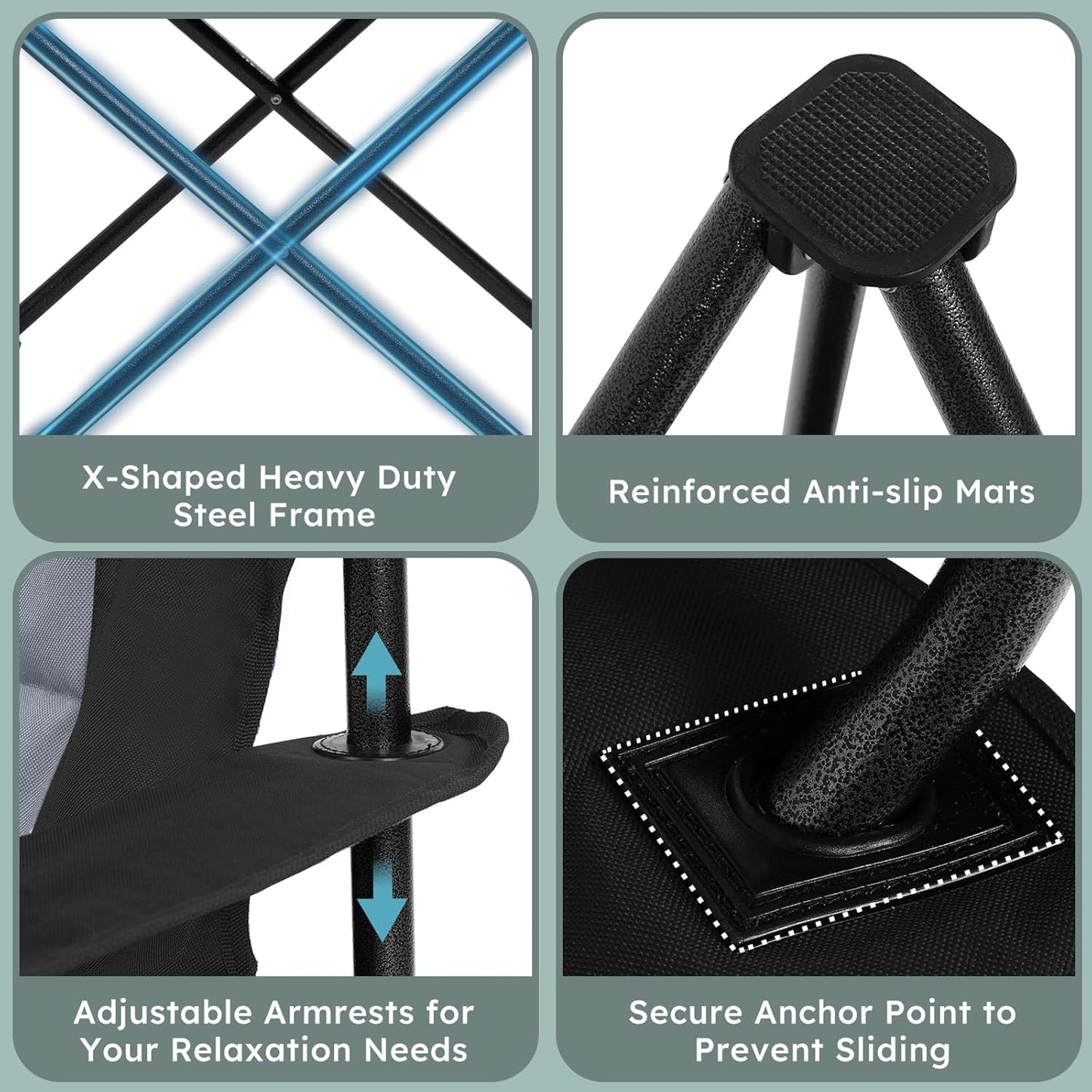 Skiennix Oversized Camping Chairs - Heavy Duty 450lbs Support | Portable Folding Camp Chairs - Black, 2 Pack