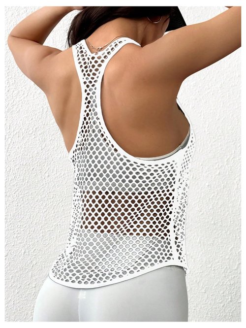OYOANGLE Women's Mesh Racerback Workout Tank Top Hollow Out Scoop Neck Sleeveless Sports Shirts White Large