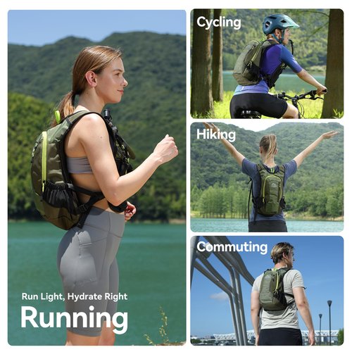 MARCHWAY Lightweight Hydration Backpack with Vest Style Straps & 2.5L TPU Water Bladder, Versatile Sleek Multi-Pocket Pack for Hiking, Cycling, Running, Backpacking, Travel (Green)