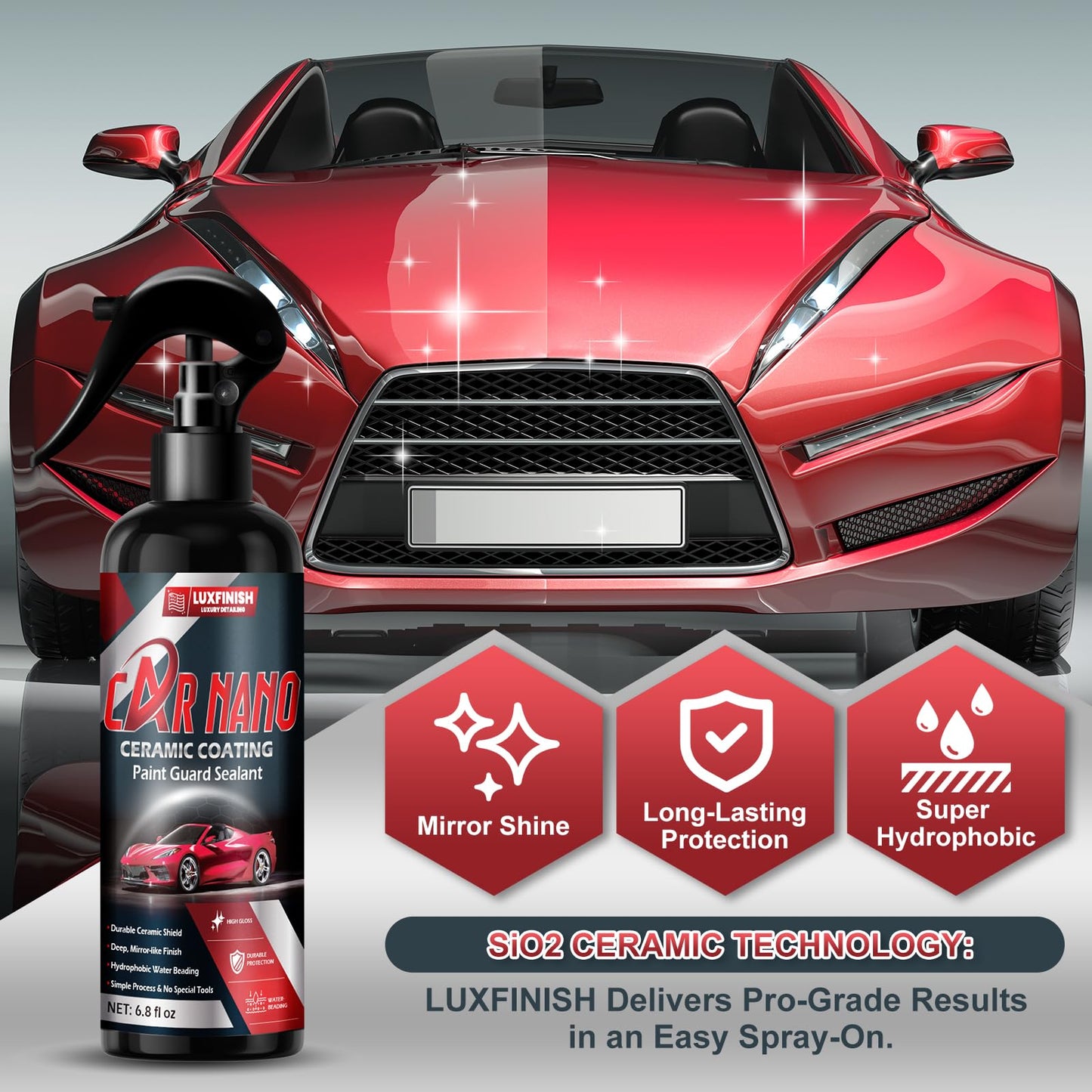 LUXFINISH Pro-Grade Sio2 Ceramic Coating Spray 6.8 oz - Super Hydrophobic Water Beading & Deep Gloss Paint Sealant - 3 Months of Long-Lasting Shine & Sleek Slickness - Ultimate All-Season Defense