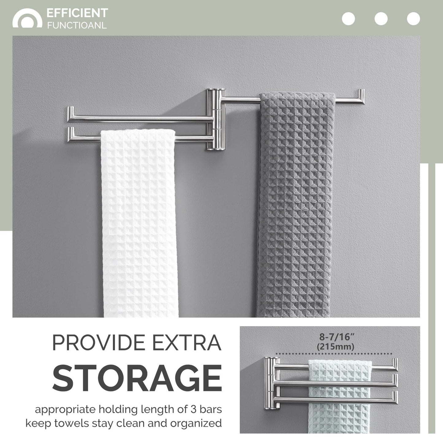 Angle Simple Swivel Hand Towel Holder 3 Bars Brushed Nickel, 304 Stainless Steel Hand Towel Rack for Bathroom Wall Mount