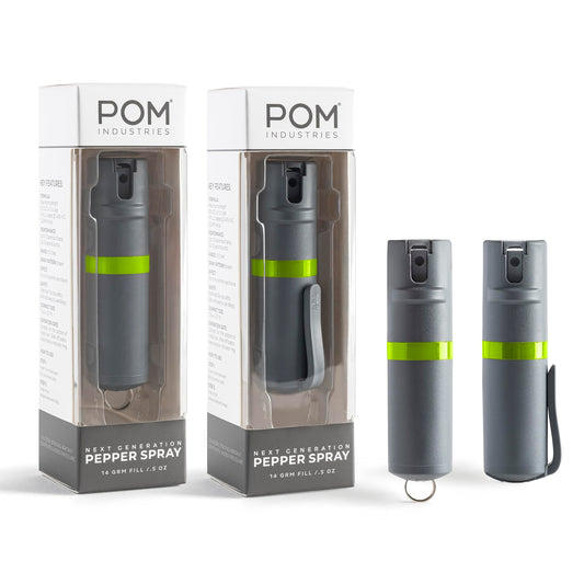 POM Pepper Spray Combo Pack Clip & Keychain - Maximum Strength OC Spray Self Defense- Tactical Compact & Safe Design - 25 Bursts & 10 ft Range - Stream Spray Pattern Grey and Lime