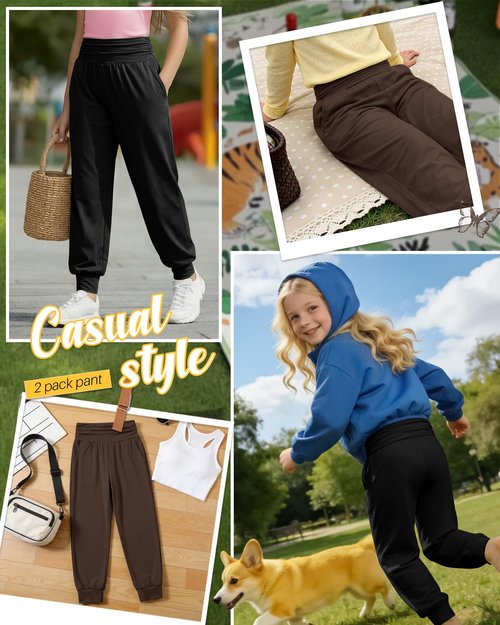 LessonZoo 2 Pack Girls' Joggers with Pockets Lightweight Workout Sweatpants High Waisted Casual Pants Soft Athletic Yoga Pant(11-12 Years,Black, Brown)