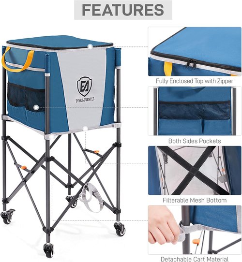Ever Advanced Tennis Ball Hopper - 150 Capacity Rolling Cart with Side Pockets | Folding Pickleball Basket with Wheels, Blue