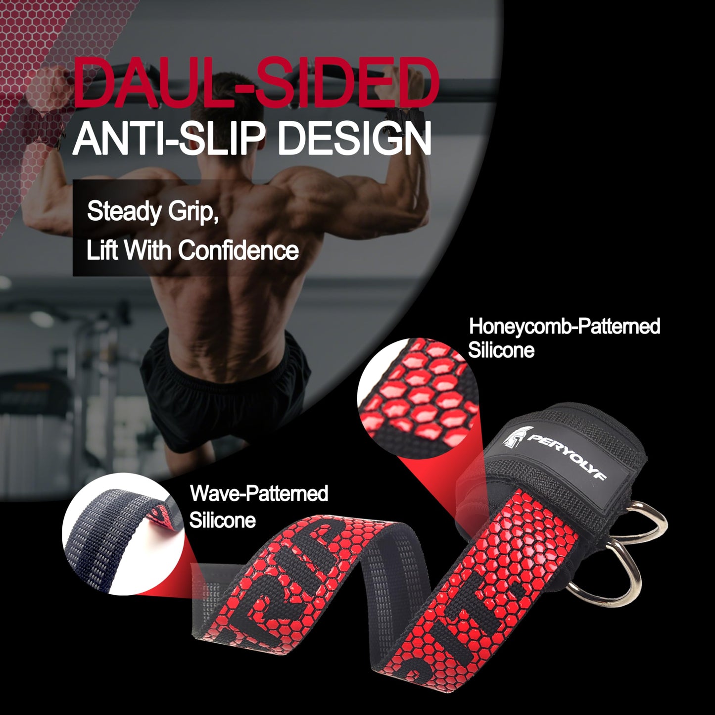 Double-Side Anti-Slip PERYOLYF Lifting Straps with D Ring - Adjustable Gym Straps for Deadlifts, Weightlifting & Cable Machine - Thick Wrist Support for Men & Women (Red)
