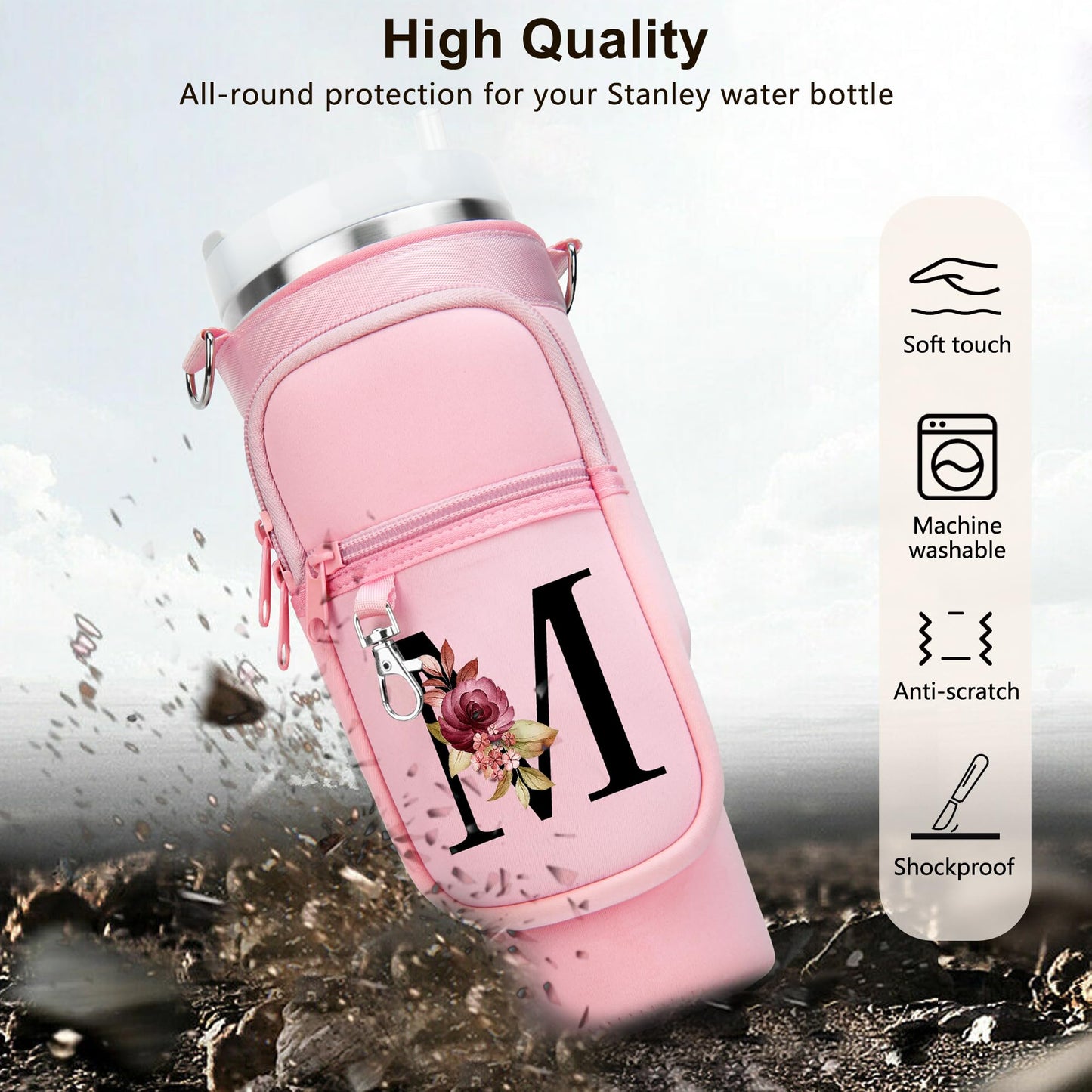 LOKASS Personalized for Stanley Cup Accessories 30oz, Initial Stanley Cup Holder with Strap, Cup Carrier Bag Water Bottle Holder with Phone Pocket Gifts for Women,Girls,Travel,Walking,Work