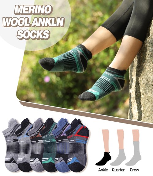 LANLEO Merino Wool Ankle Running Hiking Socks for Women Men Compression Support Thick Cushion No Show Socks 6 Pairs Mix Color A,Large