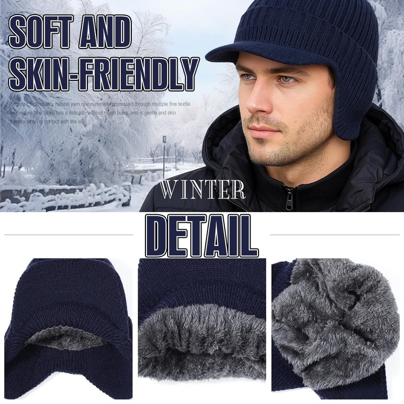 Simlakey 2 Pcs Winter Hats with Brim and Ear Flap Fleece Winter Beanie Hat Outdoor Warm Lined Knit Hat for Men Women(Black, Navy Blue)