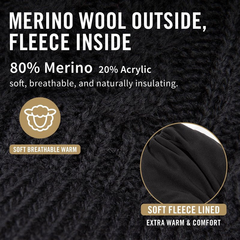 Womens Winter 3 Openings Ponytail Visor Brim Bill Beanie Hat Fleece Lined Merino Wool Warm Cable Knit Cap Bun Hole Cold Weather Black