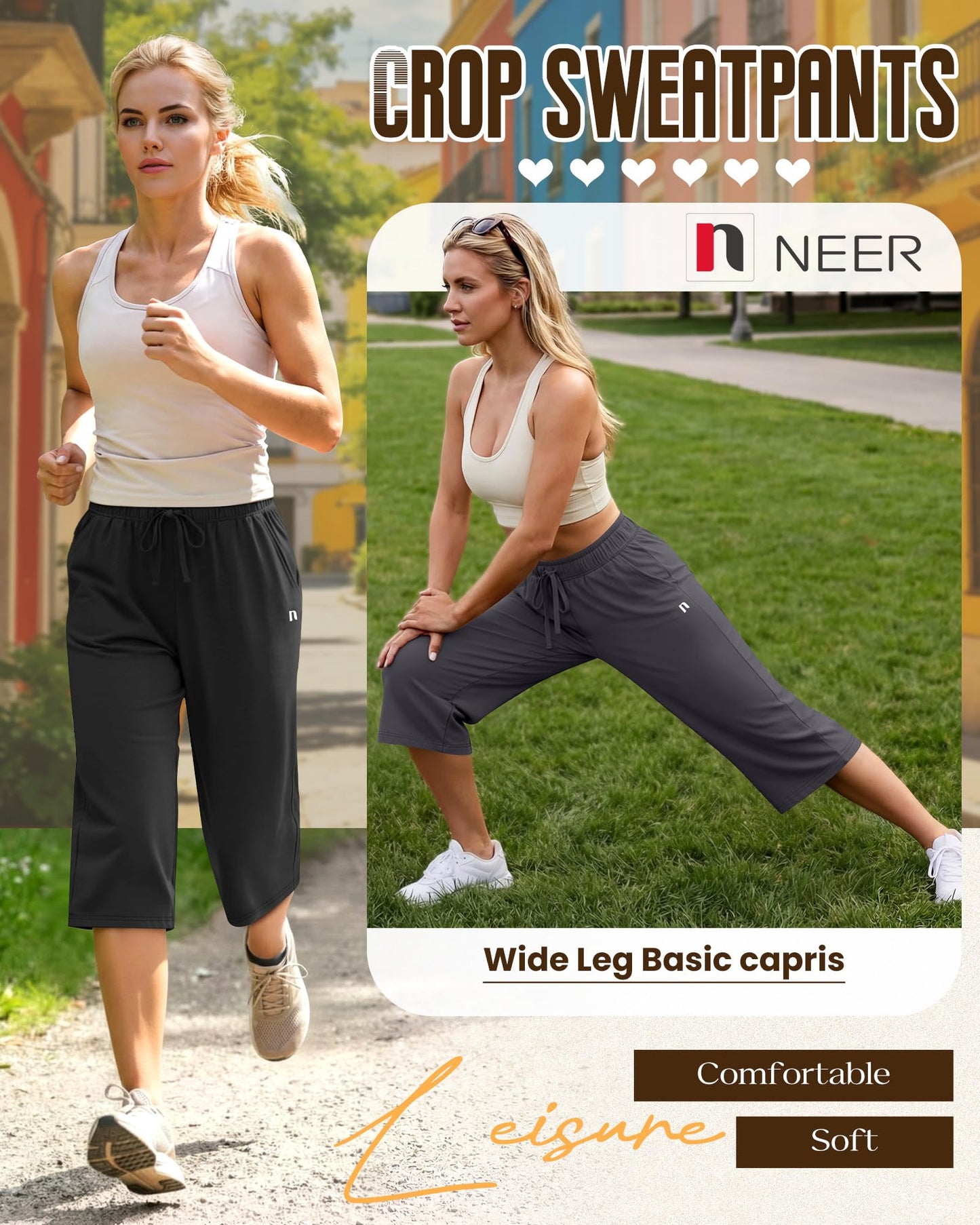 Neer 3 Pack Women's Capri Pants, Wide Leg Basic Sweatpants Lounge Loose Fit Casual Drawstring Yoga Capris with Pockets(Black, Mocha, Dark Gray,X-Large)