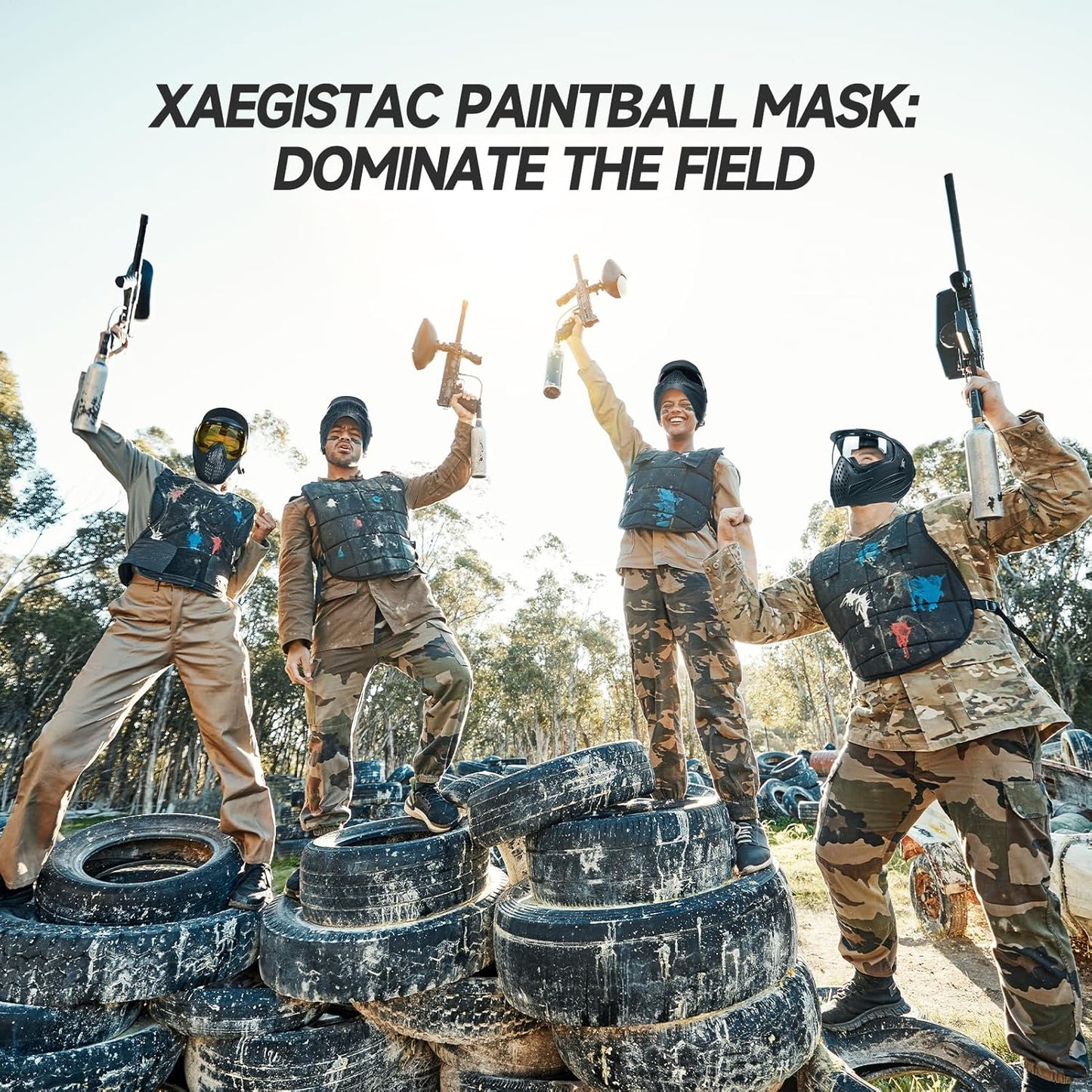Xaegistac Paintball Mask - Integrated Sun Visor, Wide Field of View, Anti-Fog, Adjustable Headband