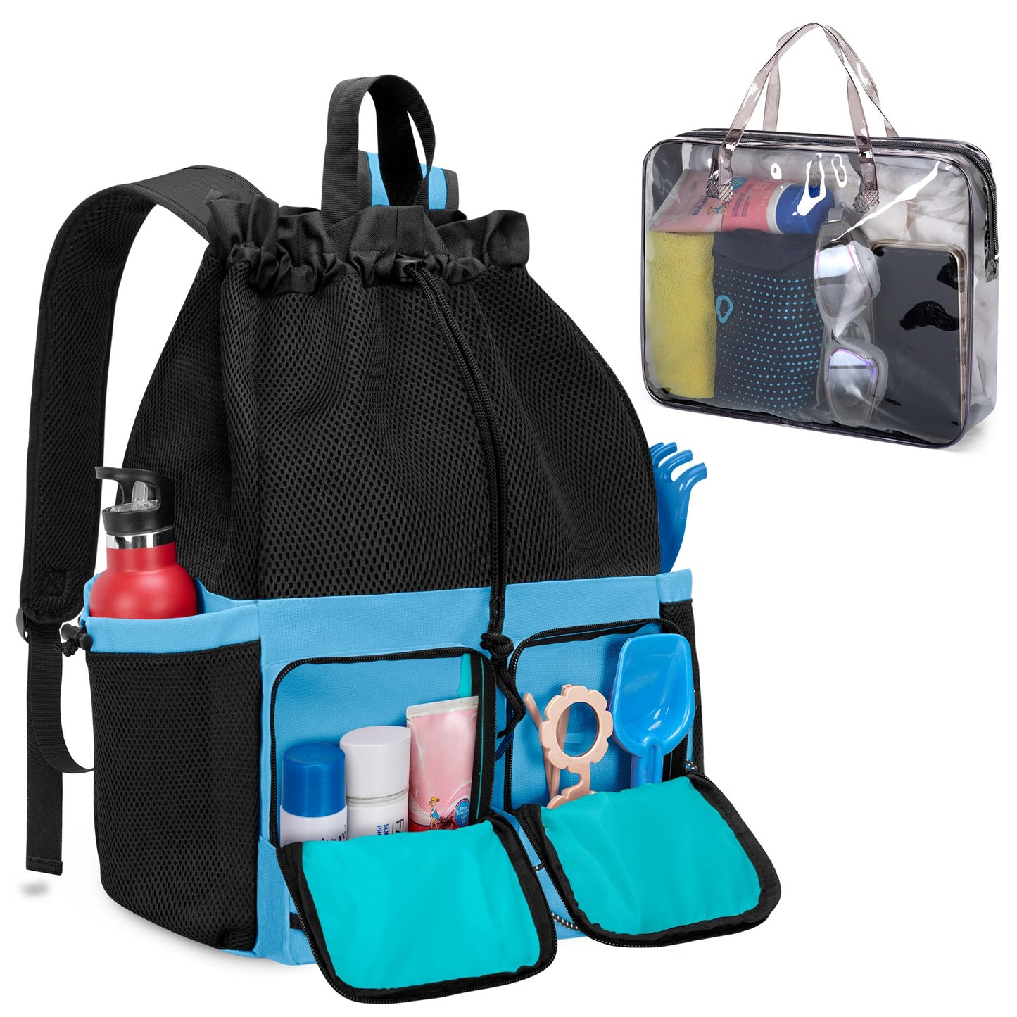 Fasrom Mesh Beach Bag Backpack with Waterproof Bag and Pocket, Large Drawstring Swim Backpack for Travel, Gym and Pool Sports, Blue (Patent Design)