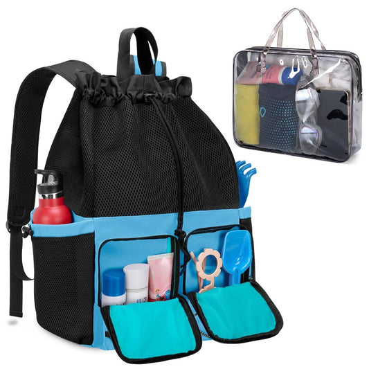Fasrom Mesh Beach Bag Backpack with Waterproof Bag and Pocket, Large Drawstring Swim Backpack for Travel, Gym and Pool Sports, Blue (Patent Design)