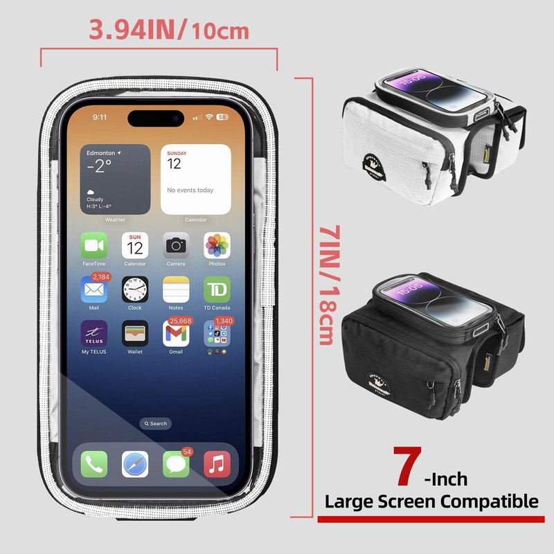 Rhinowalk Bike Top Tube Bag with Touch Screen Phone Pouch - Bicycle Frame Bag with Phone Holder, Double Side Pannier Zipper & Magnetic Closure (Black)