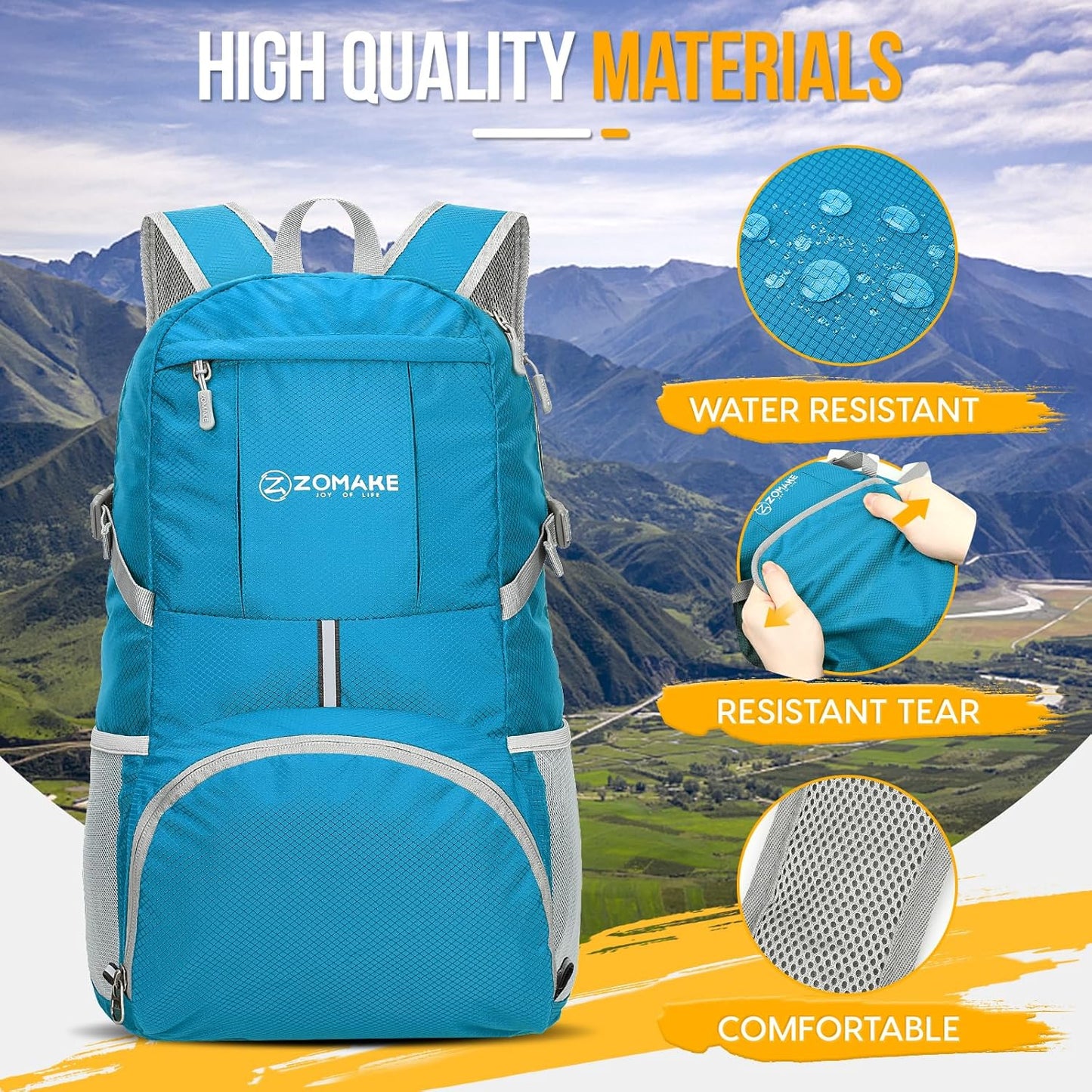 ZOMAKE Lightweight Packable Backpack - 35L Water-Resistant Folding Hiking Bag | Compact Travel Day Pack (Light Blue)