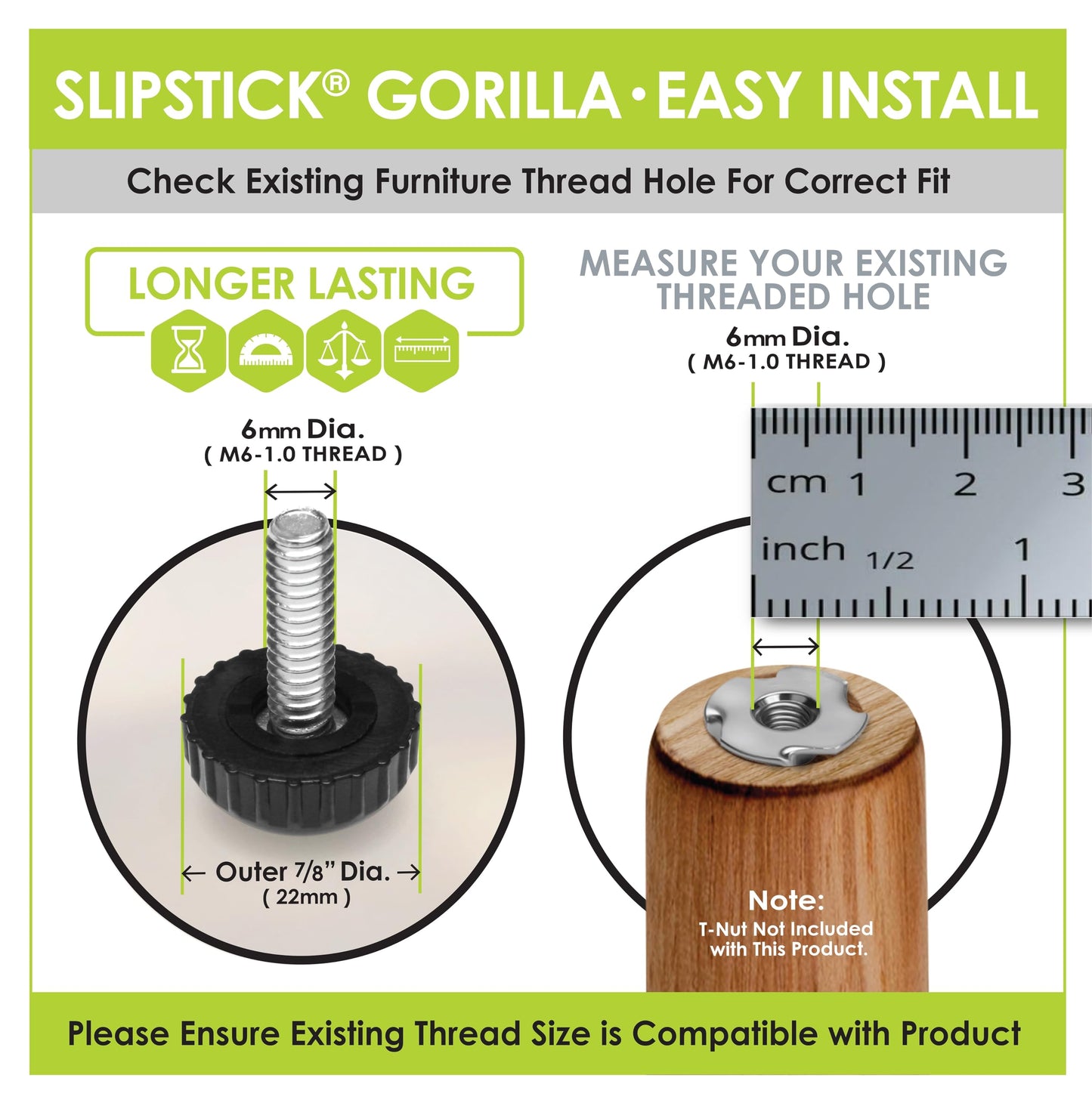 Slipstick Gorilla Outdoor Adjustable Furniture Levelers (8 Pack) Weatherproof Screw in Leg Glides for Chairs, Tables, and Outdoor Furniture Feet, 7/8 Inch Nylon Spherical Glide, M6 Thread