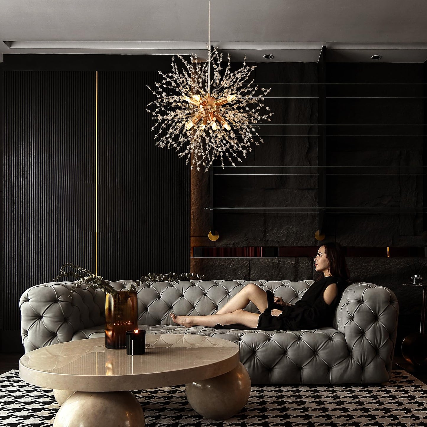 Plug in Crystal Chandeliers Firework, Dandelion Chandelier Modern, Gold Sputnik Pendant Light, 8 Light Hanging Ceiling Light Fixture G9 Socket for Dining Room Kitchen Bedroom Foyer Hallway Entryway