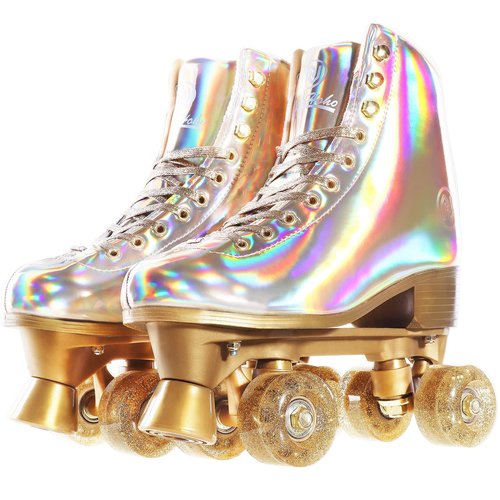 JajaHoho Roller Skates for Women, Holographic High Top PU Leather Rollerskates, Shiny Double-Row Four Wheels Quad Skates for Girls and Age 8-50 Indoor Outdoor (Size 7, Champagne Gold)