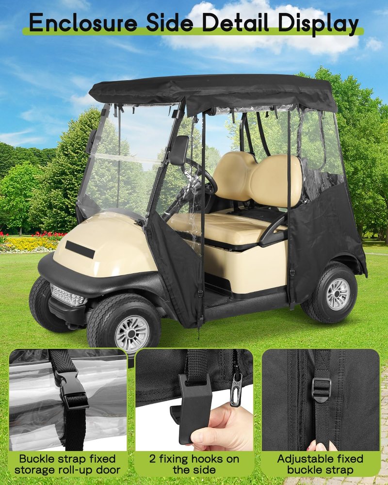 2 Passenger Golf Cart Enclosure for Club Car Precedent 2-Seater 57.5" Roof 3-Sided Clear Windows Roll-up Door No Windshield Curtain Waterproof Transparent Driving Rain Cover Black (with Seat Towel)