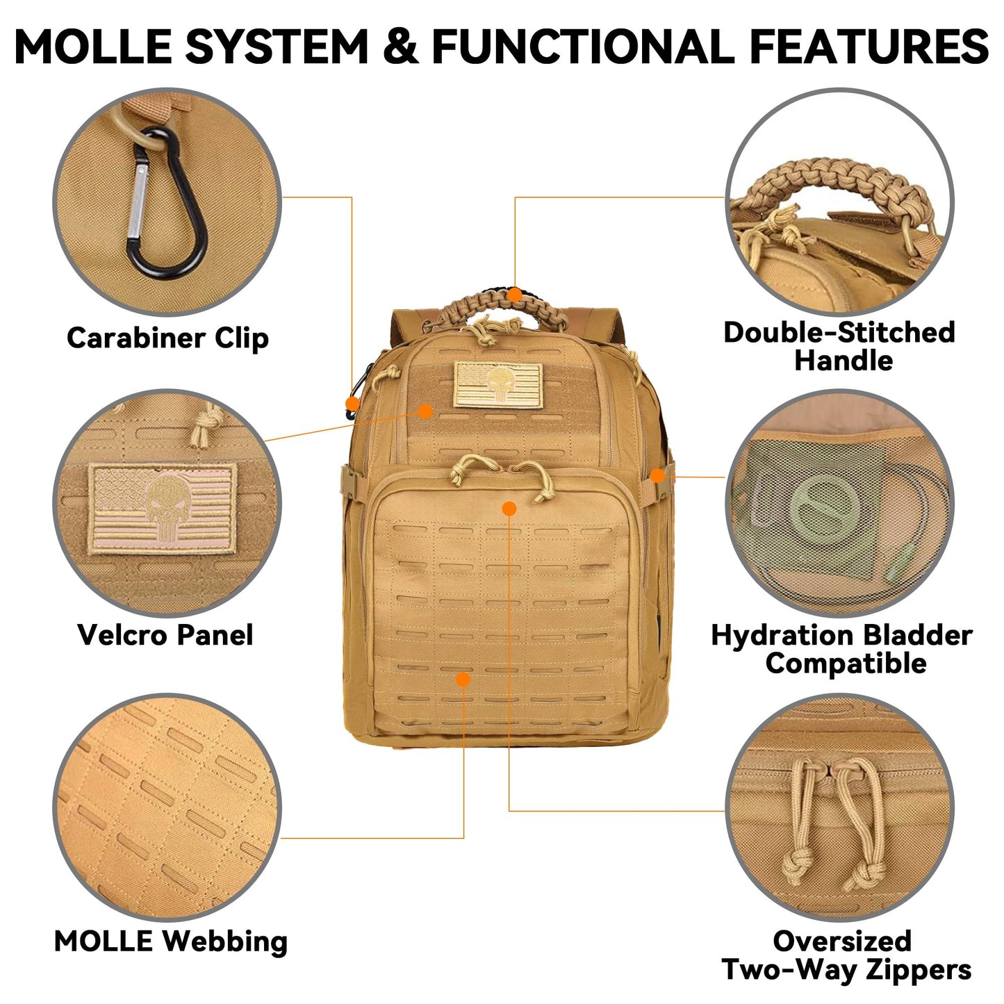 AZULDEZ Military Tactical Backpack, Tactical Backpack for Men, Army 3 Days Assault Pack, Military Molle Backpack Waterproof, EDC Hiking Bug Out Bag with Water Bladder Compartment, Hiking Rucksack