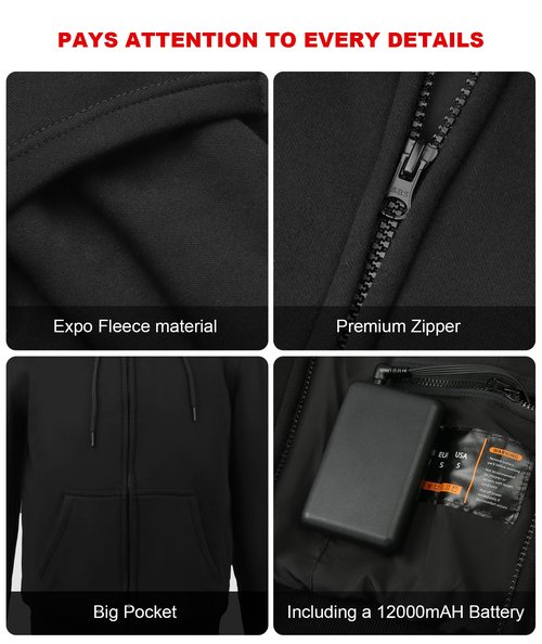 Qdreclod Heated Hoodie for Men Women with Battery Pack 7.4V 12000mAh, Hooded Heated Sweatshirts with 6 Heating Zones (US, Alpha, XXX-Large, Regular, Regular, Bright black)
