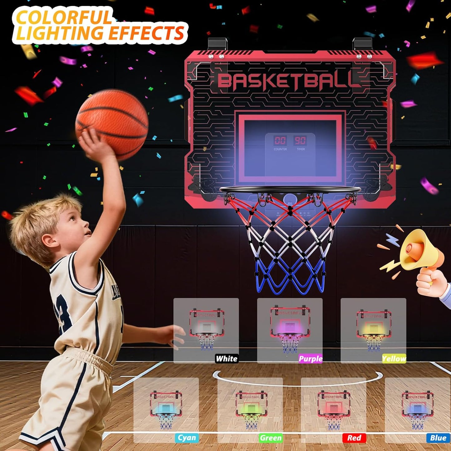 Skiennix Indoor Mini Basketball Hoop - Over The Door Design with LED Lights & Sound Effects | Includes 3 Balls, Perfect Sports Gift for Kids Ages 6-12
