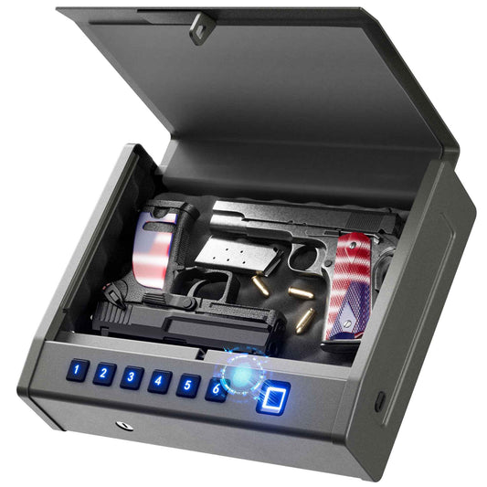 Grimtron Biometric Gun Safe for Handgun – Quick Access Pistol Safe with 100 Fingerprints, Backlit Keypad & Backup Keys – Gun Lock Box for Nightstand, Bedside, Car, Truck & Vehicle Use
