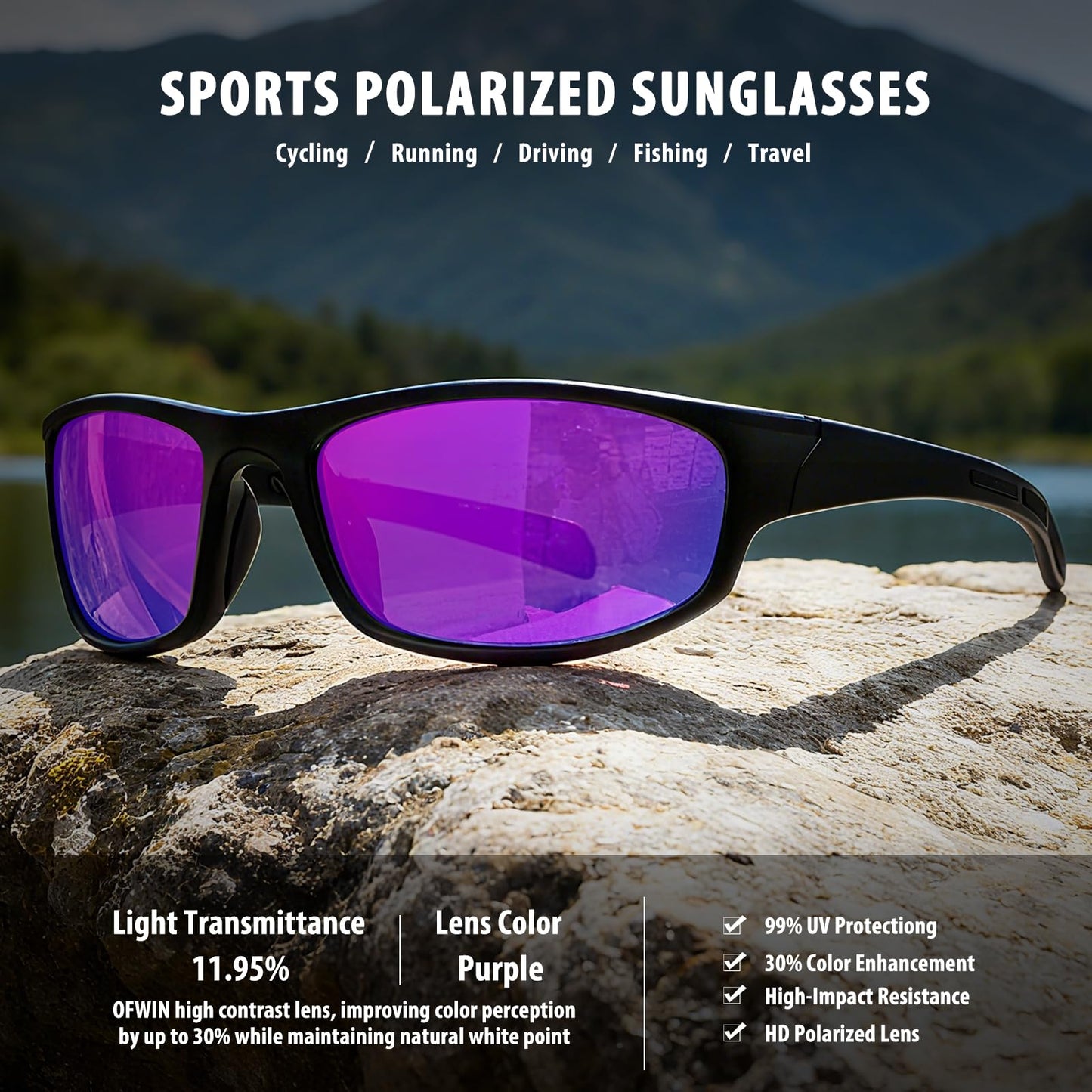 Ofwin Sports Polarized Sunglasses for Men Women Wrap Around Sun Glasses Fishing Cycling Driving Running UV Protection Clear Frame/Blue Mirror Lens