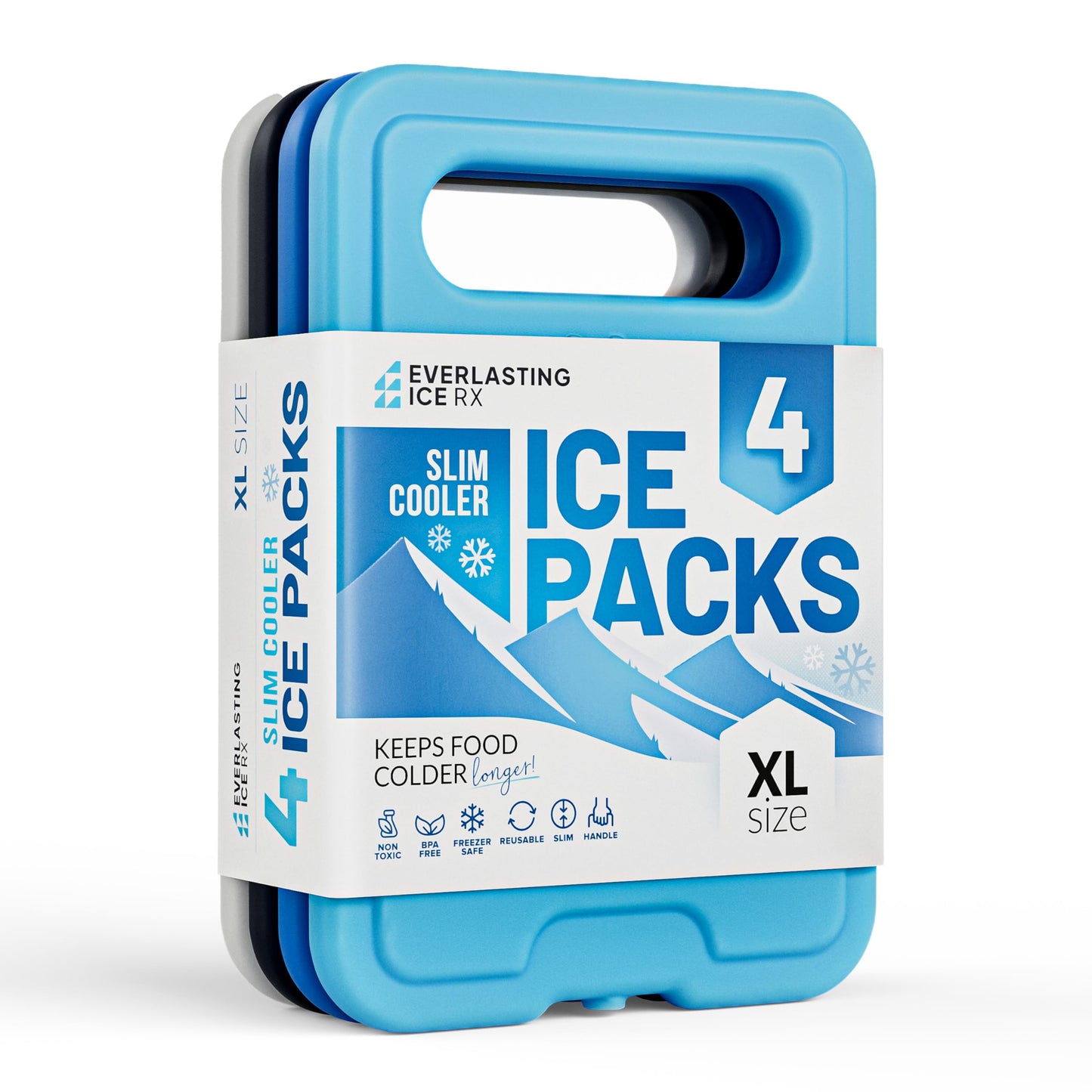 Reusable XL Slim Ice Packs for Lunch Boxes with Handle (4 Pack) BPA Free Freezer Packs | 6.5 x 4.5 in | Long Lasting Ice Pack for Insulated Bags, Picnic, Travel, and More