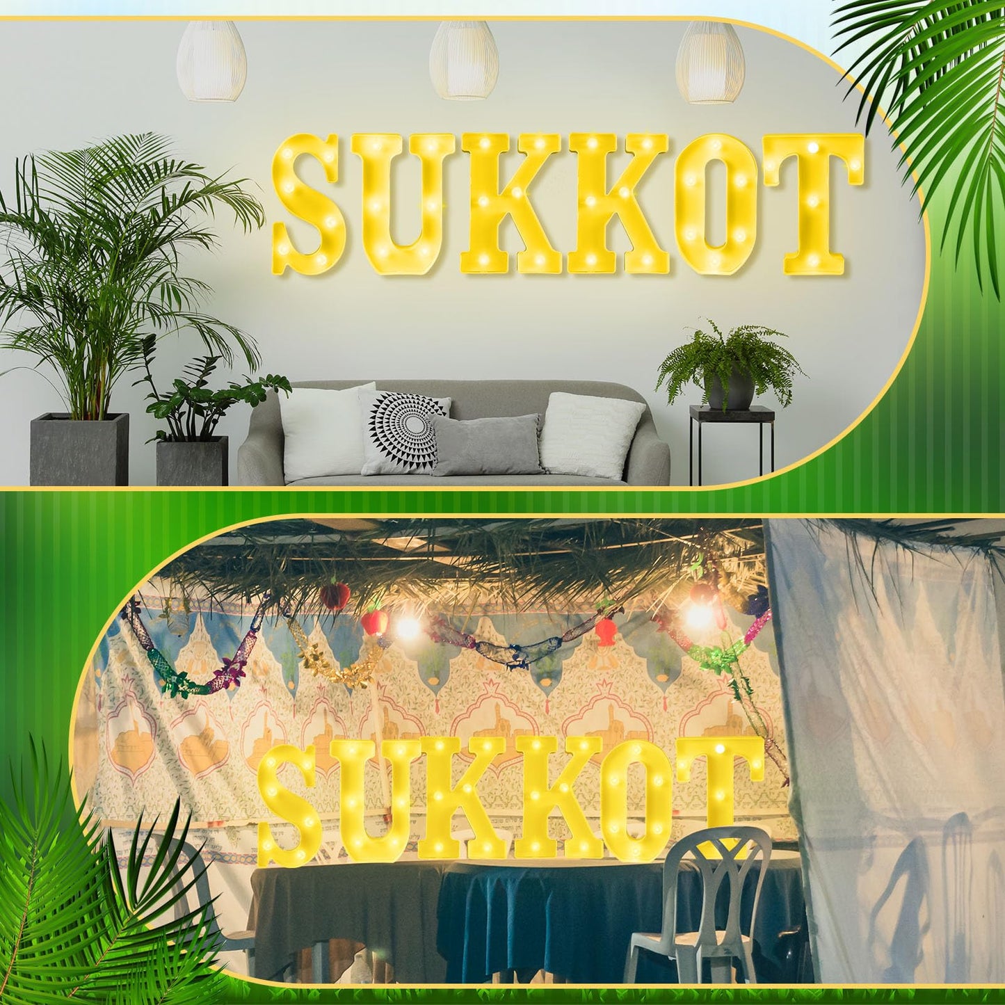 Aurelema 6 Pcs Happy Sukkot Decorations Sukkot Large LED Letter Sign 8.3 Inch LED Lights Battery Powered Table Decorations for Party Gift Tabletop Sukkah
