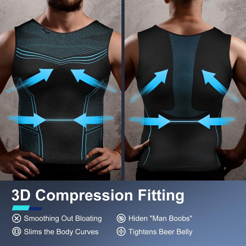 Odoland 3 Pack Men Compression Shirt, Gynecomastia Tummy Control Slimming Undershirt Tank Top Men, Body Shaper Strengthen Compression Vest Shapewear,Line Black/Line Blue/White, XL