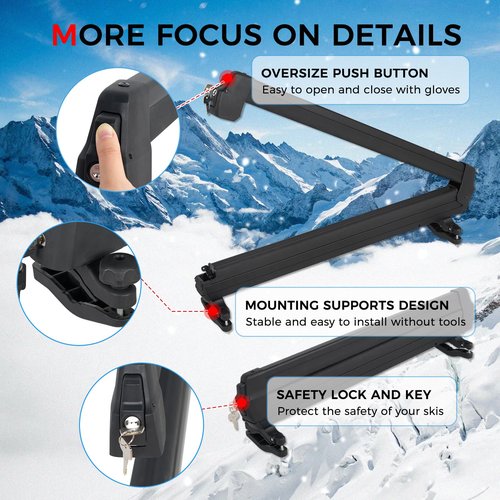 LINGVUM Ski and Snowboard Roof Racks with Sliding Extension, 28" Universal Ski Roof Rack Carrier with Anti-Theft Lock - Fits 6 Pairs Skis or 4 Snowboards, Black