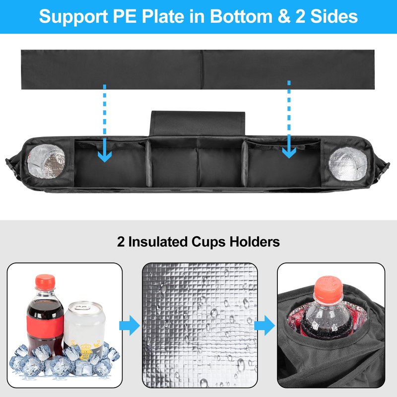 PGmoon Golf Cart Front Storage Basket with Insulated Cup Holders, No-Drilling Dash Tray Organizer Compatible with EZGO, Club Car, Kandi Electirc Golf Cart, Golf Cart Storage Organizer
