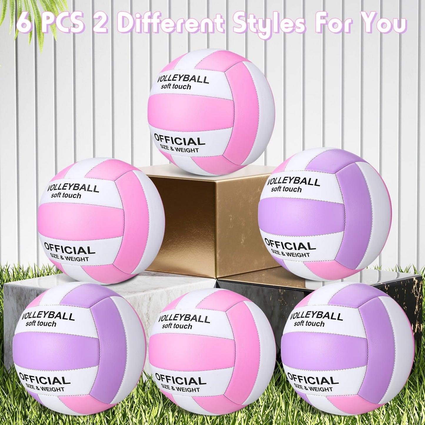 Woanger 6 Pcs Volleyballs Official Size 5 Waterproof Soft Recreational Volleyball with Pump and Net Bag Indoor Outdoor Beach Sports Gym Back to School(Pink Purple White)