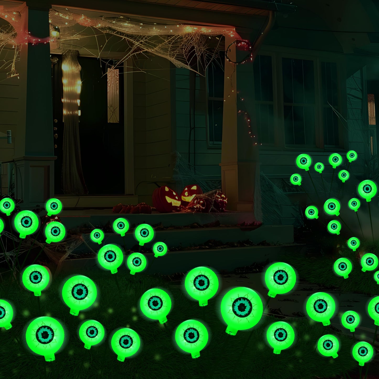 JOYIN Halloween Decorations Outdoor Solar Scary Eyeball Lights, 2 Pcs 12 LEDs Green Pathway Yard Stakes, Waterproof Firefly Lights for Halloween Graveyard Yard Garden Patio Walkway Party