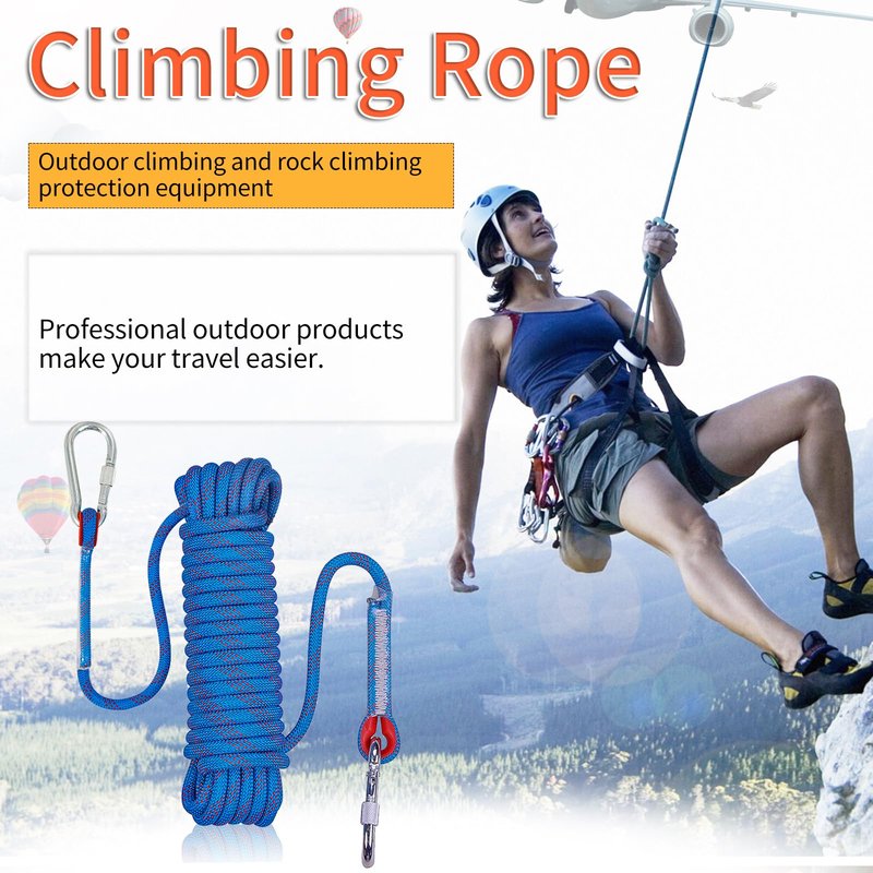 NewDoar Climbing Rope 8(5/16in),10mm (3/8in), High Strength Accessory Cord Rope with 2 Steel Hooks, for Outdoor Rescue Rappelling Rope Down Cliffs ledges Safety Escape Tow Strap Equipment(Blue)