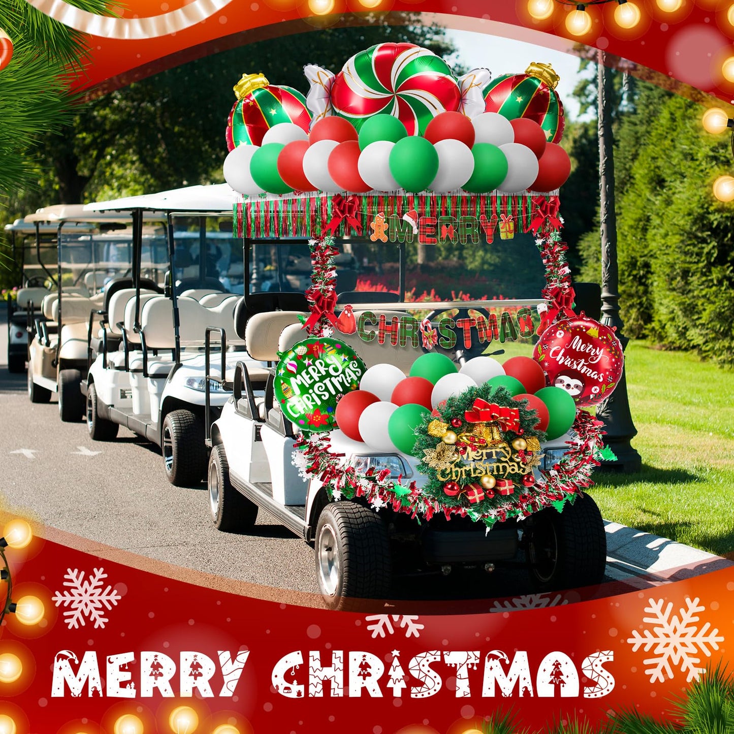 JolliLudo 68 Pcs Christmas Parade Golf Cart Decoration Kit with Red Green White Themed Tinsel Garland, Bows, Banner, Balloons and Stickers for Holiday Parade Party Supplies