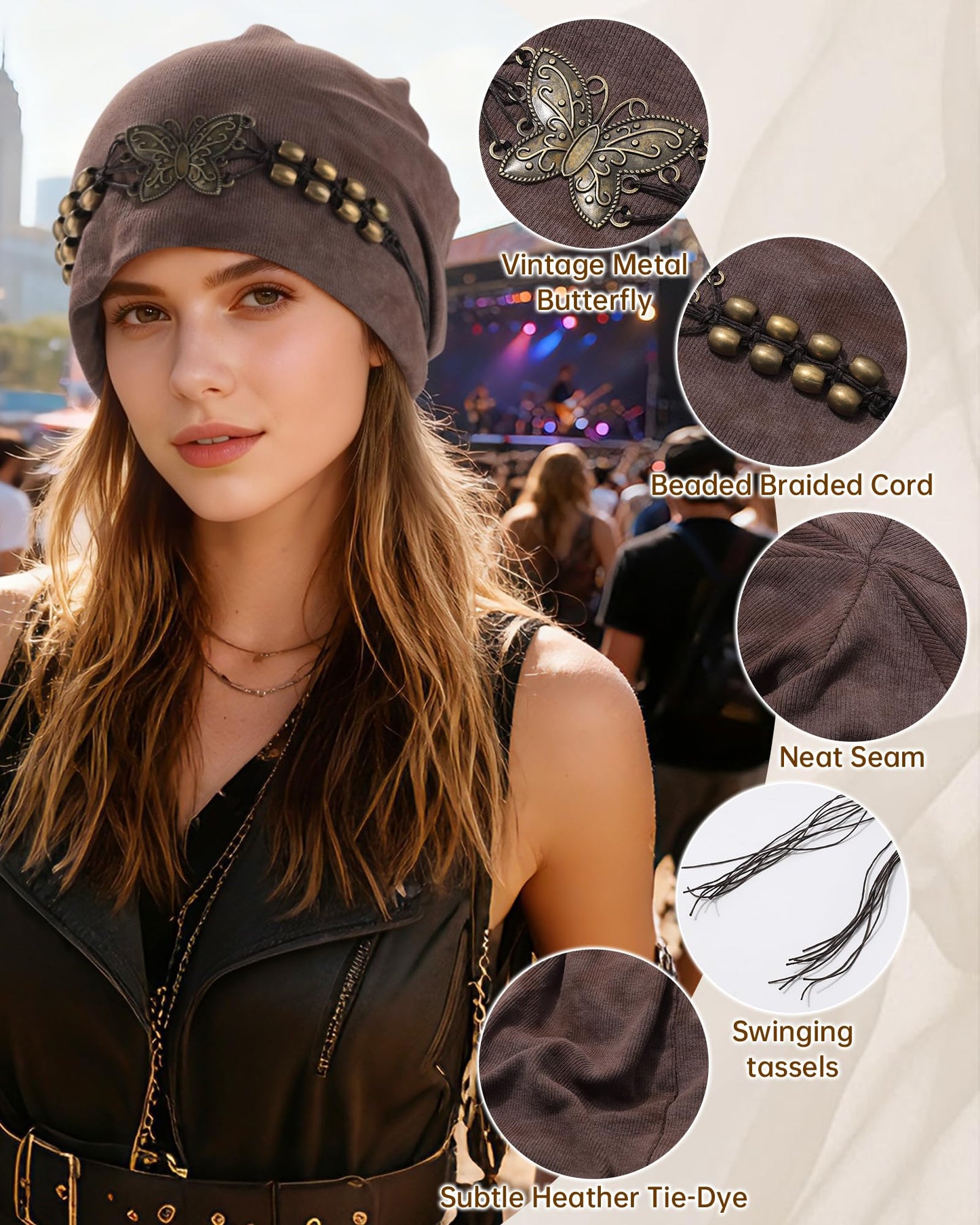 AWAYTR Slouchy Beanie Hat for Women - Retro Turban Hat with Metal Butterfly Beads Skull Caps Vintage Y2K Fashion Style (Coffee)
