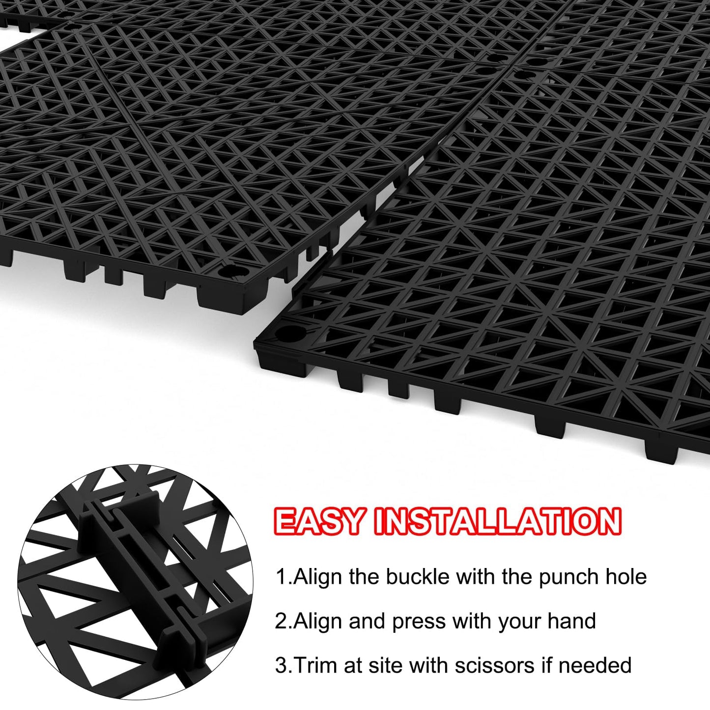 48 PCS Modular Interlocking Cushion, 12" x 12" Interlocking Rubber Floor Tiles with Hole Rubber Mats Drainage Mat, Non Slip Pool Deck Mat Outdoor for Drain Deck Pool Patio (Black)