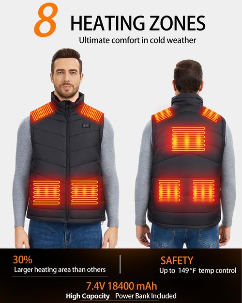 HILLSLTR Heated Vest for Men with 18400mAh 7.4V Battery Pack，Lightweight Mens Heated Vest Electric Warming Vest with Pockets,XL