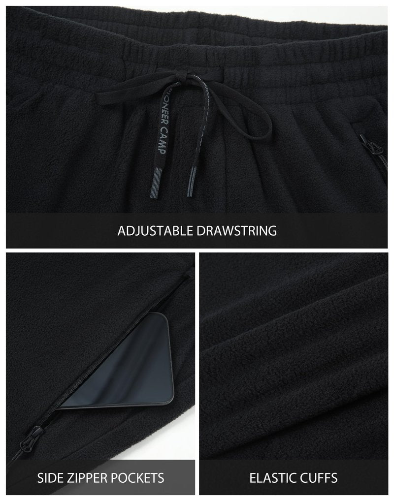 Pioneer Camp Men's Polar Fleece Pants Lightweight Comfy Lounge Joggers Thermal Winter Track Sweatpants with Zipper Pockets Black