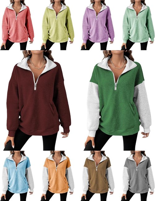 MARSVOVO Women's V-Neck Zip-Up Sweatshirt - Comfortable Loose Fit Plus Size with Pockets | Fall Essential