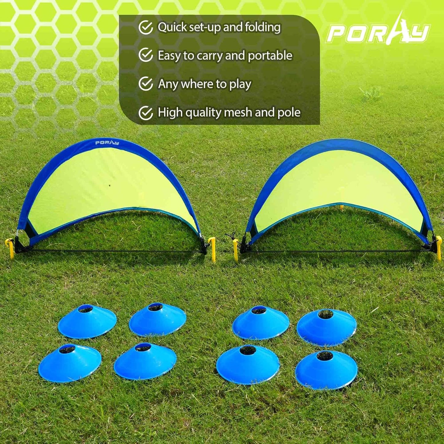 Poray Soccer Goal - Easy-Up Portable Soccer Net Set of 2 with 8 Field Marker Cones & Extra Stakes